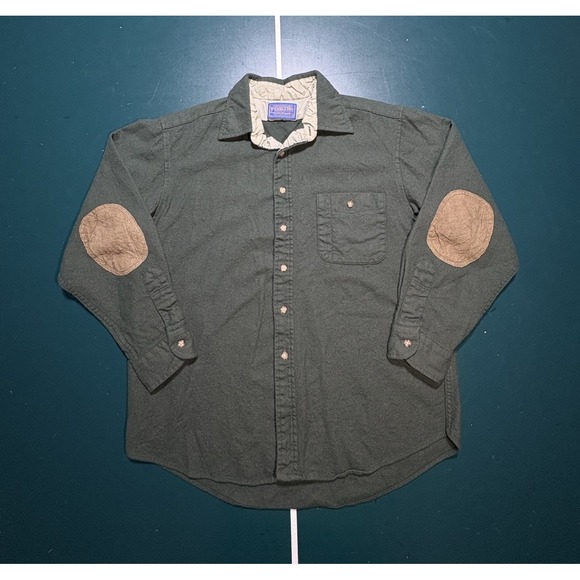Vtg 60s Pendleton Trail Shirt Men's Large Green Wool Elbow Patch Long Sleeve - Picture 1 of 10